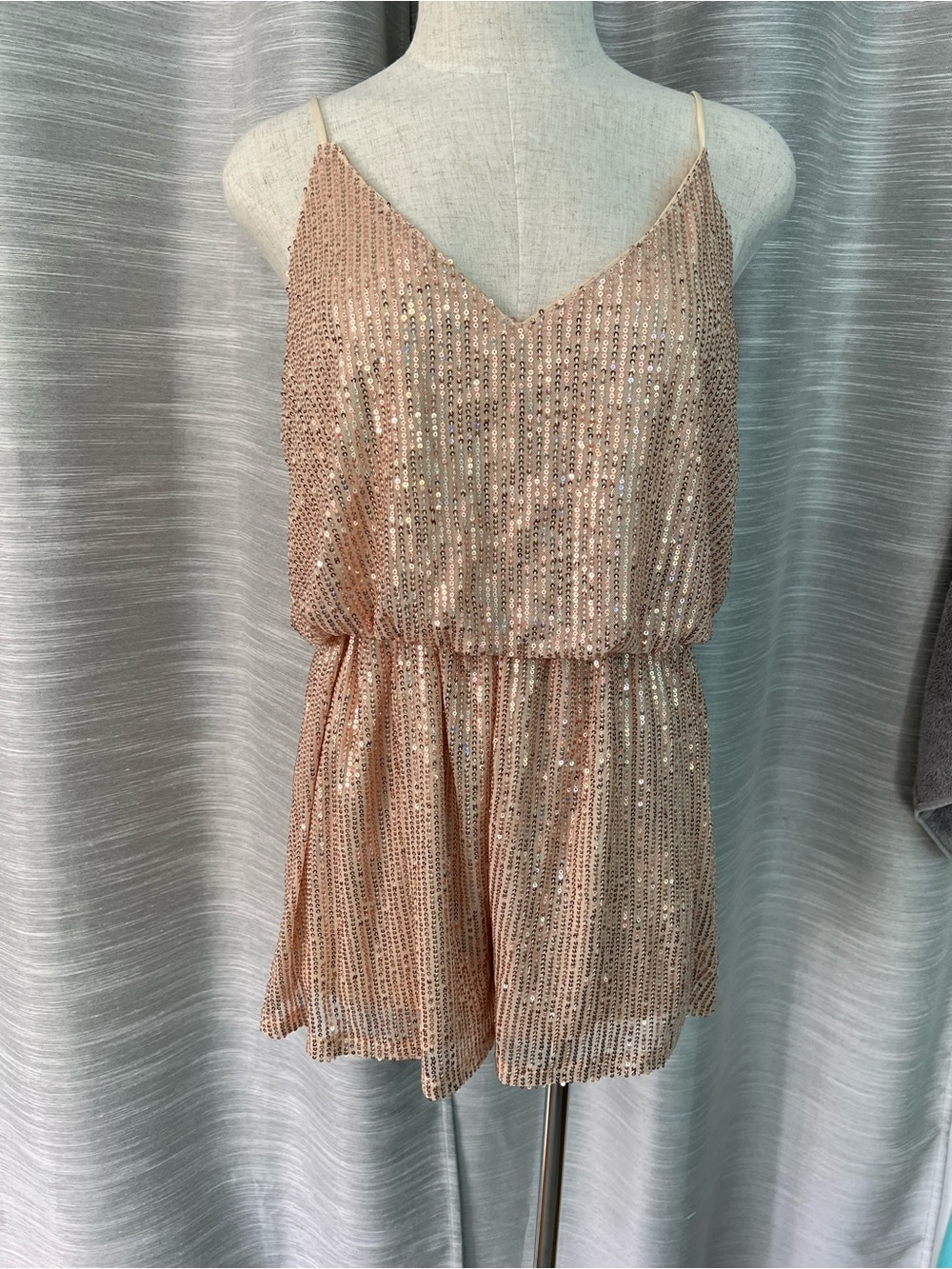 Sequined Champagne V-Neck Romper with Spaghetti Straps NWOT